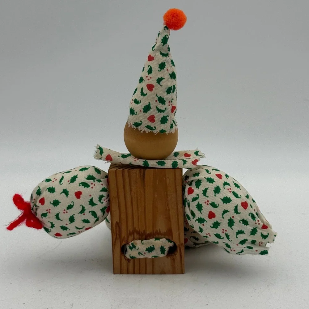 Vintage Wooden Block Christmas Clown Figurine Holly Heart Print Handmade Decor